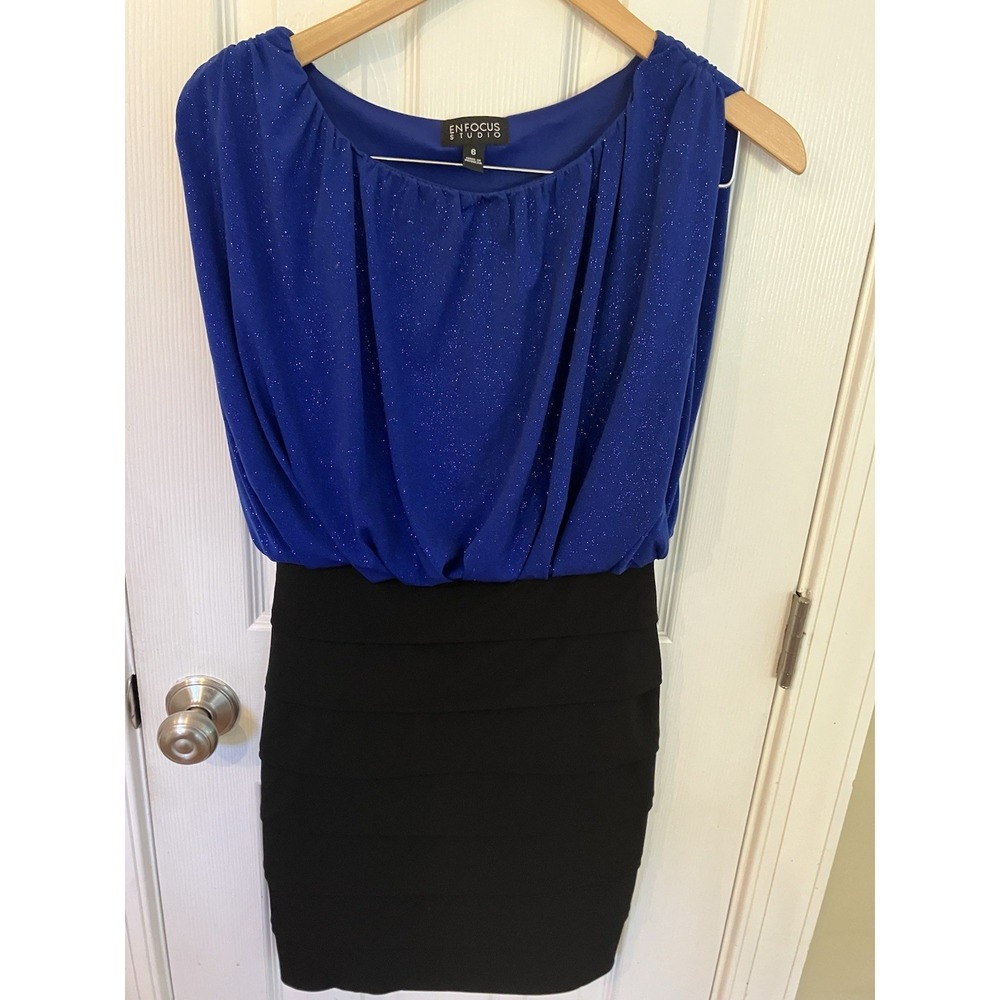 En Focus Y2K Women's Dress Sz 6 Blue Black Sparkle Shimmer Party Cocktail Dance